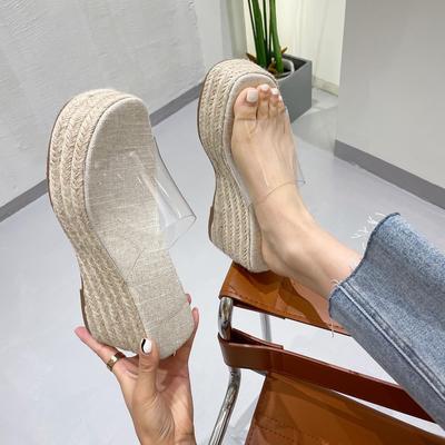 Pantofole alla moda da donna da indossare all'esterno, colla trasparente per vetro, tacchi a zeppa alla moda, sandali con suola spessa intrecciati