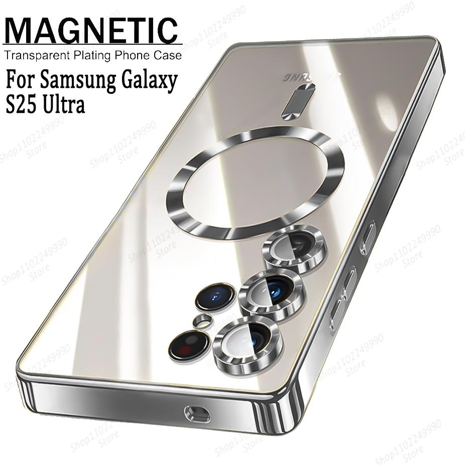 Luxury Transparent Plating Phone Case For Samsung S25 Ultra S24 Plus S23 S22 S21 FE S24 FE For Magsafe Magnetic Protection Cover
