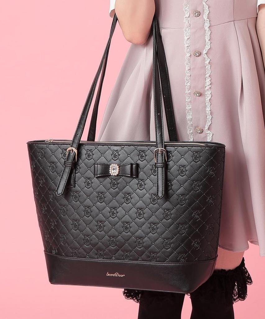 [SecretDoor] Black Tote Bag for Women, Shoulder Bag, Large, Large Capacity, A4, Synthetic Leather, Gusseted, Logo, Frills, 332913-01