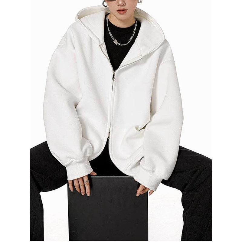 

American retro heavy gray sweater cardigan women s hooded jacket autumn and winter solid color loose casual versatile top tide XXXL