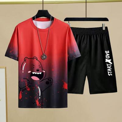 2Pcs/Set Men Casual Outfit O-neck Short Sleeve Bear Printing T-shirt Elastic Waist Wide Leg Shorts Set Quick Drying Loose Fit Sportswear