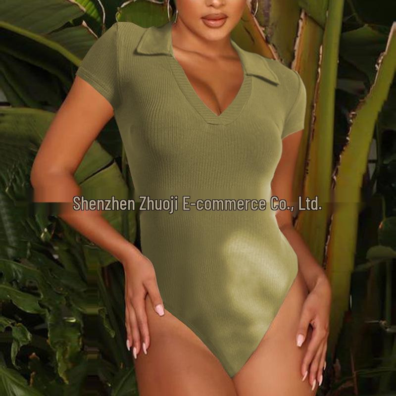 2025 Summer European & American Women's Cotton Ribbed Polo Neck Slim-Fit Short-Sleeve Jumpsuit
