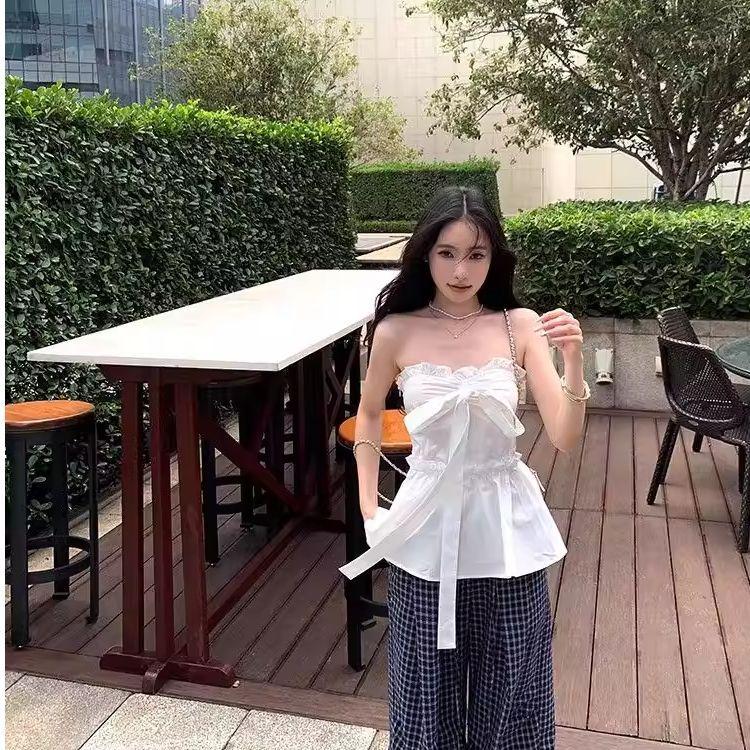 Summer New Sweet and Spicy Style Bow Lace-up Tube Top Women Slim and Thin Fungus Edge Sleeveless Top
