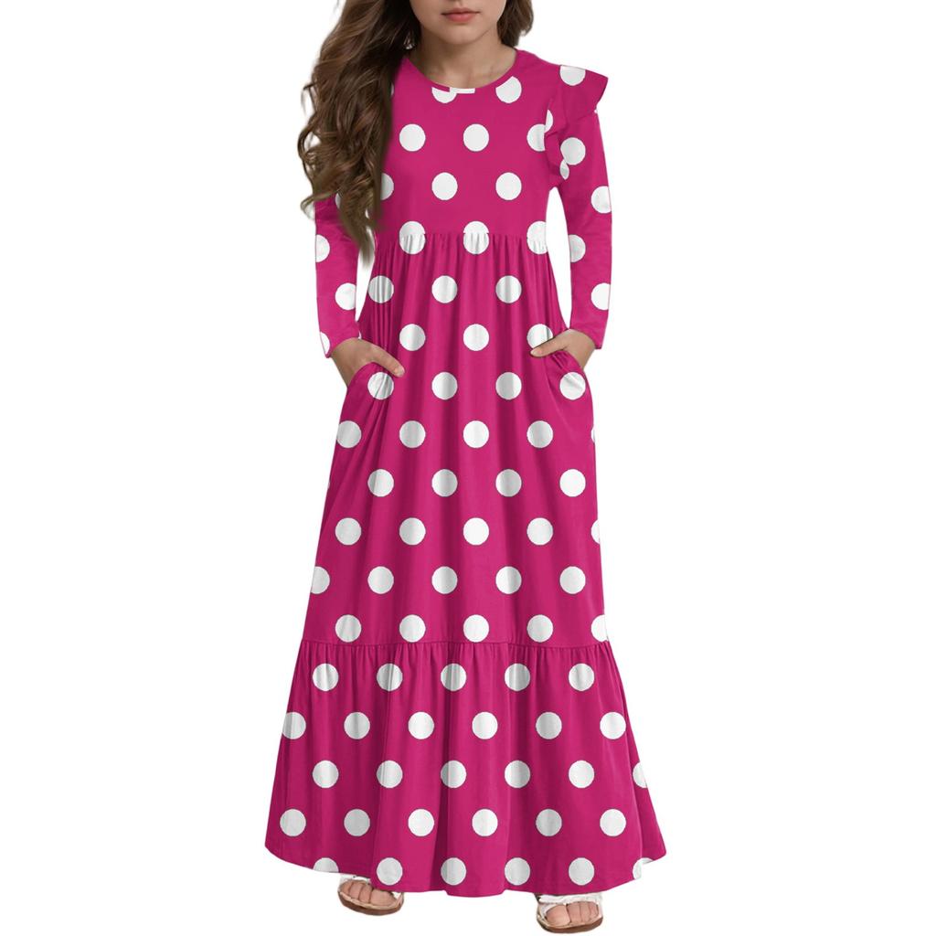Girls' Tiered Ruffle Dress - Long Sleeve Printed Maxi With Pockets