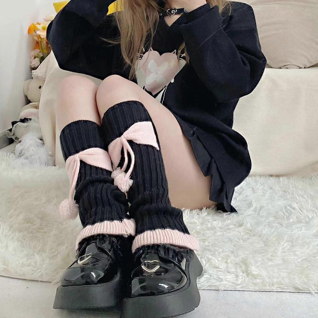 Ribbed Knitted Leg Warmers Socks Women Colorblock Cute Pompom Bowknot Ruffled Flared Hem Foot Cover Boot Cuffs Stockings  Red bow on white