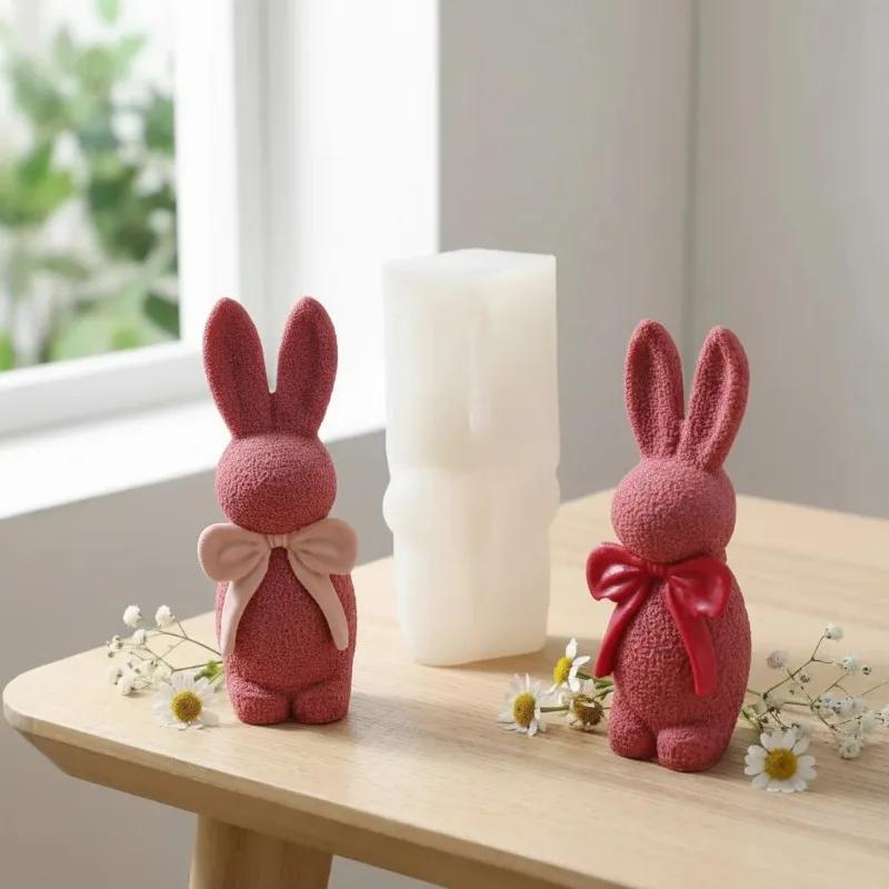3D Rabbit Candle Silicone Mold Resin DIY Easter Bowknot Texture Cute Home Decorations Simple Design for Crafting