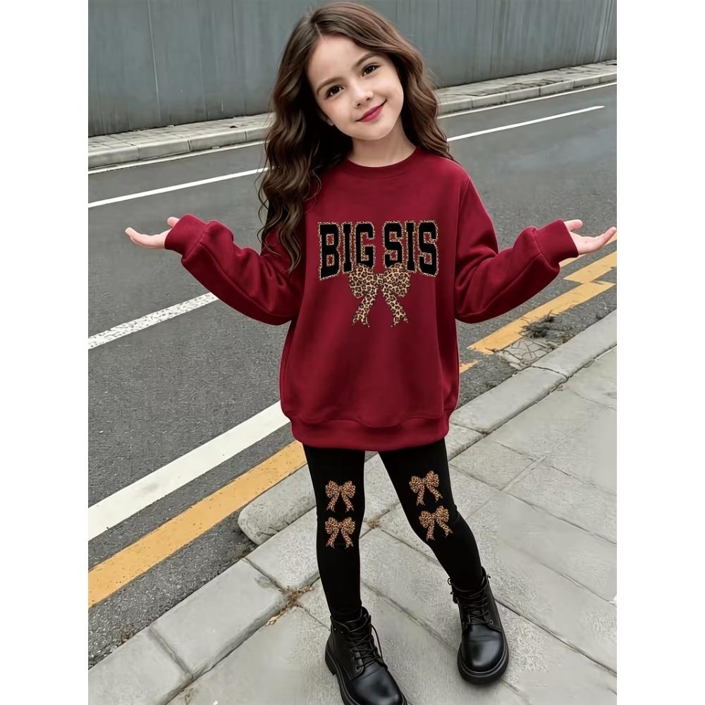 Girls' Leopard Bow Casual Comfortable Soft Loose Pullover Sweatshirt and Leggings 2-Piece Set, New Autumn/Winter, Playful, Sweet and Cool Style