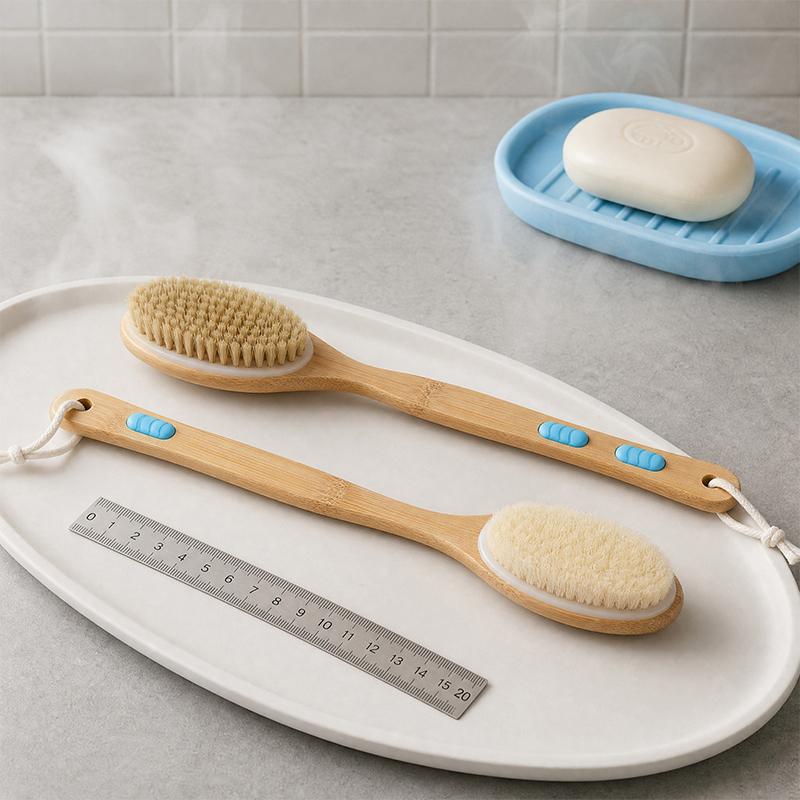 Bristle Shower Brush with Non-slip Long Wooden Handle Exfoliating Massage Scrubber for Back Foot Body Bathing