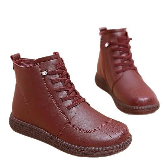 Soft leather ethnic style mother cotton shoes 2025 winter new flat soft-soled women's shoes middle-aged velvet comfortable warm short boots