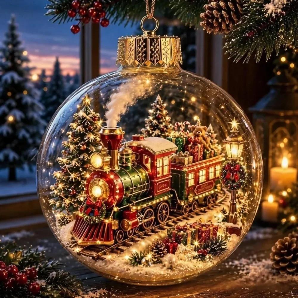 2pc Acrylic Material Christmas Ball Ornament Transparent Design with Light Santa Claus Pendant Hanging Christmas Decor