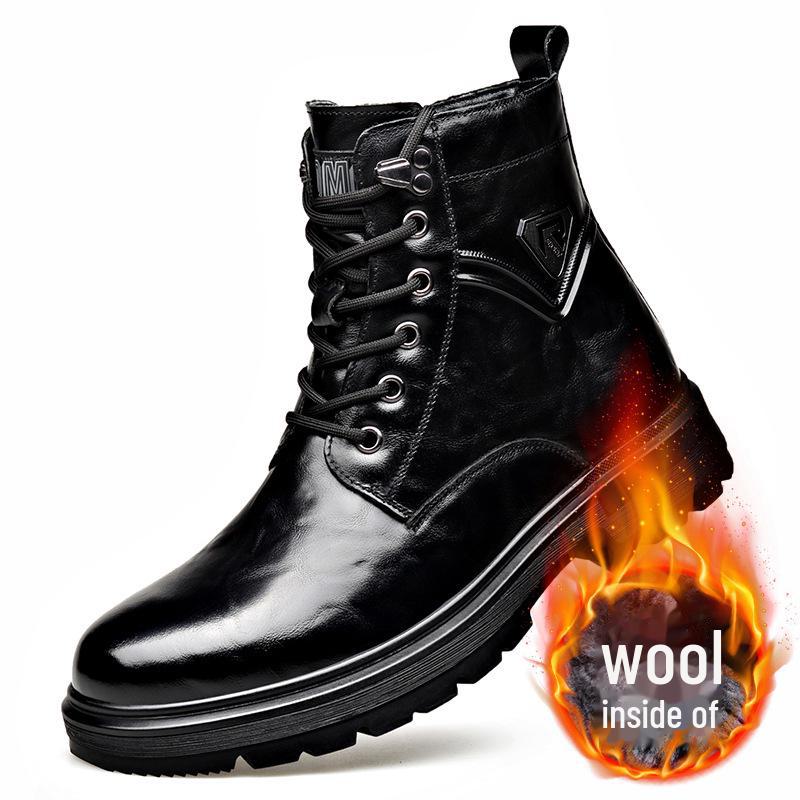 Men's Trendy Wool-Lined Cowhide High-Top Martin Boots with Side Zipper - Casual and Warm.