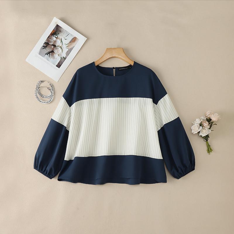 ZANZEA Women Casual Round Neck Loose Stripe Patchwork 3/4 Sleeve Blouse M темно-синий