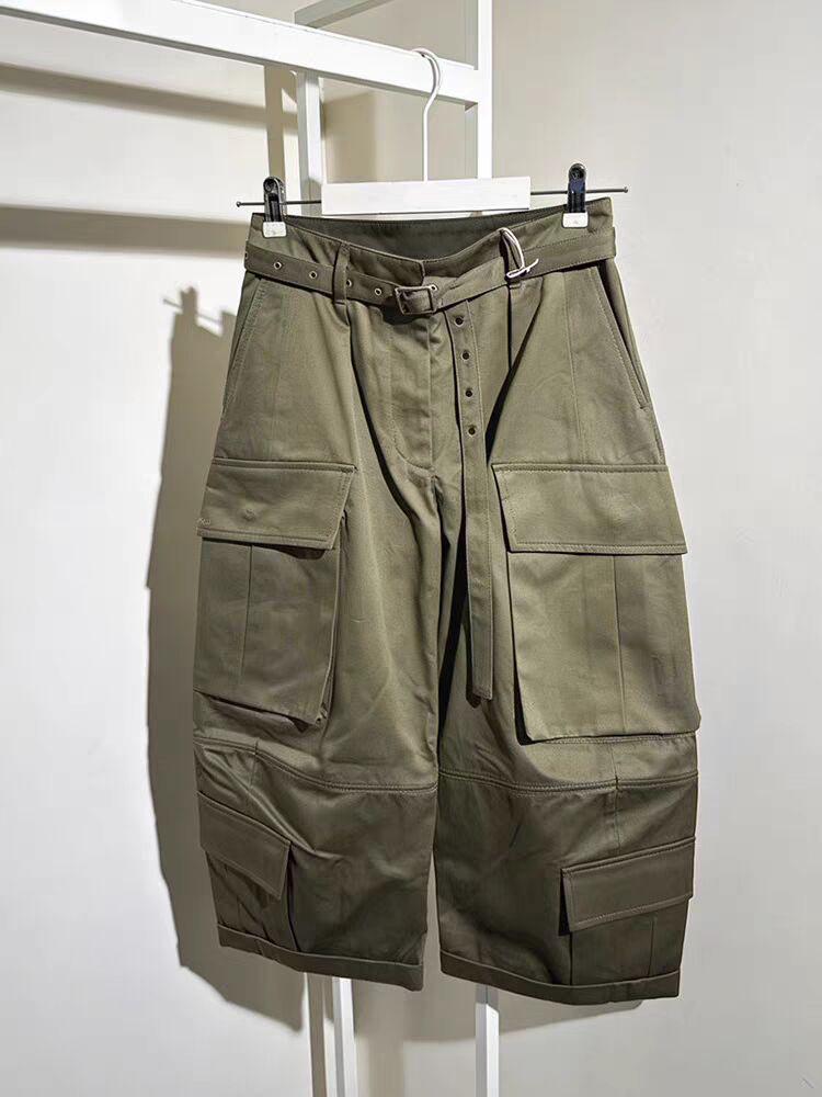 

Niche 2026 Spring High-Waist Cropped Workwear Pants with Multi-Pockets & Curved Leg - Versatile Casual Fashion for Women M зеленого кольору хакі