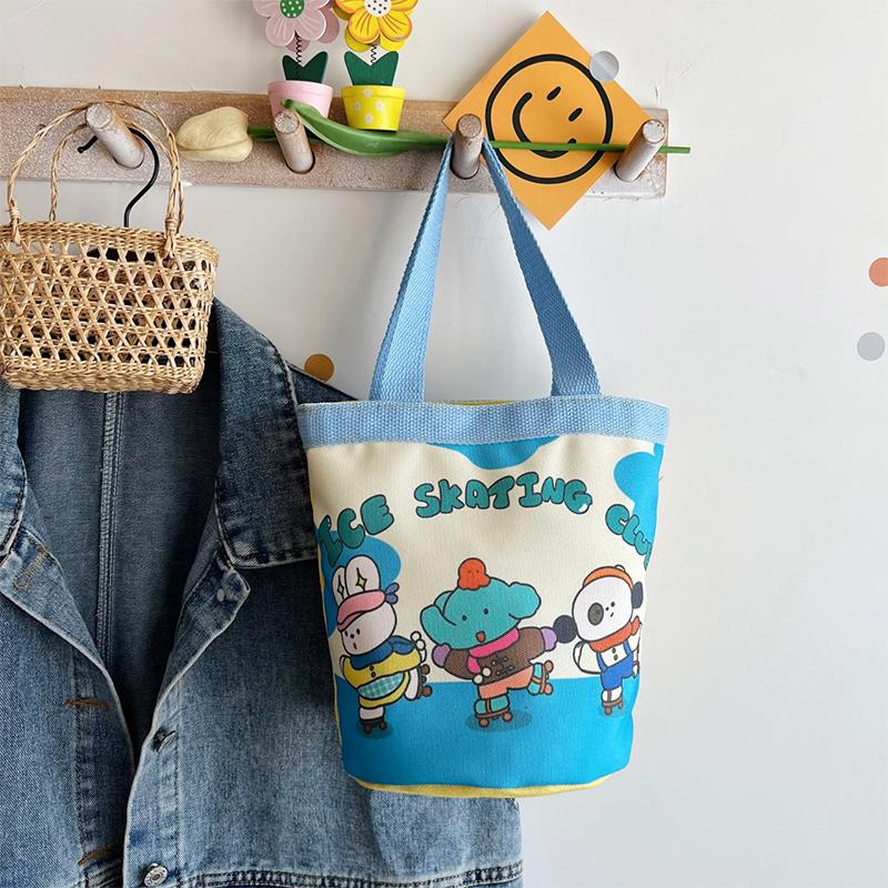 Lovely Cartoon Printed Bucket Bag Portable Canvas Tote Bag Students Lunch Cylinder Handbag