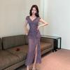 Elegant Polyester V Neck Dress With Slit For Office Wear Women Spring 2025