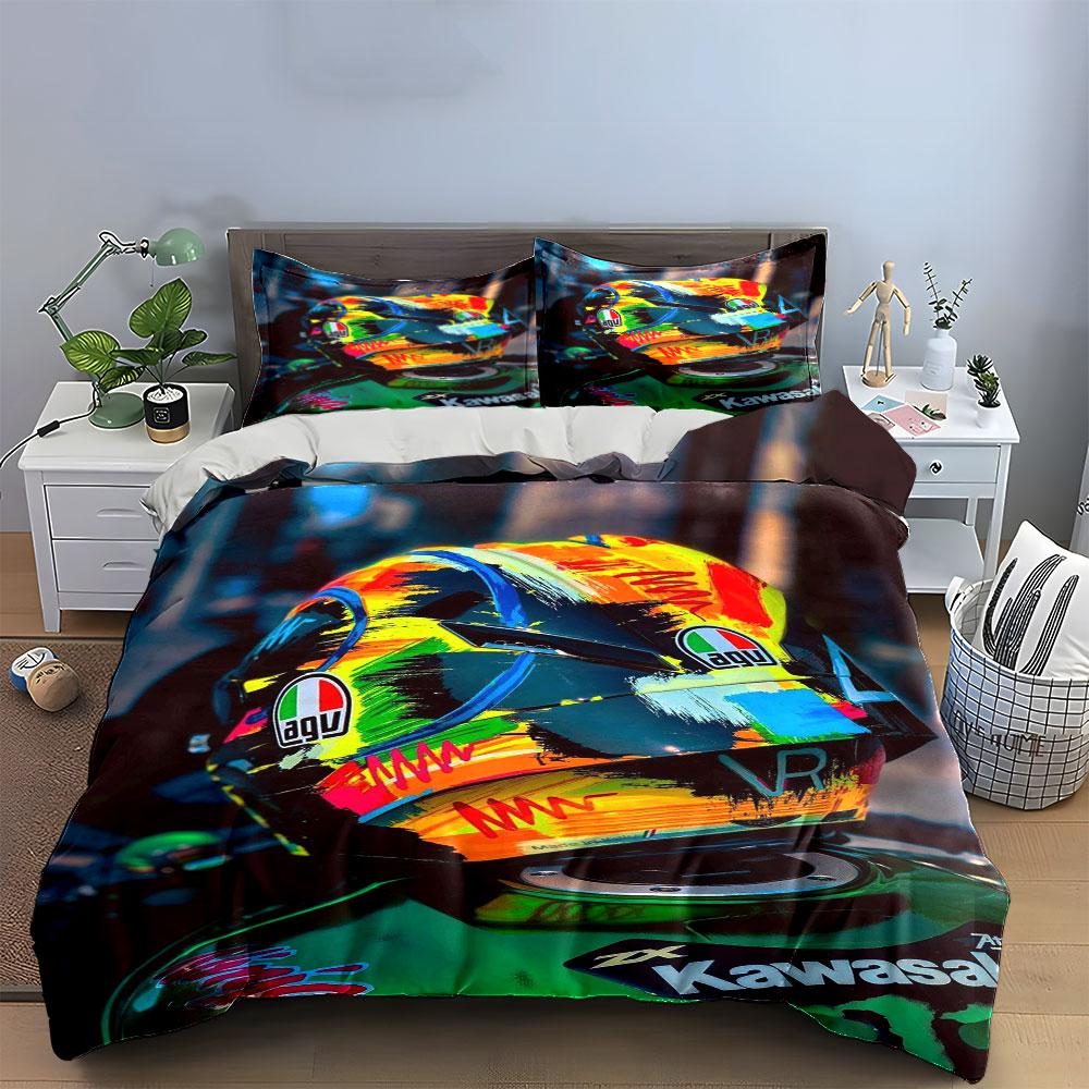 Colorful motorcycle helmet motif. Bedding sets Duvet cover sets Duvet covers Pillowcases(1*Duvet Cover 2*Pillowcases without duvet insert)
