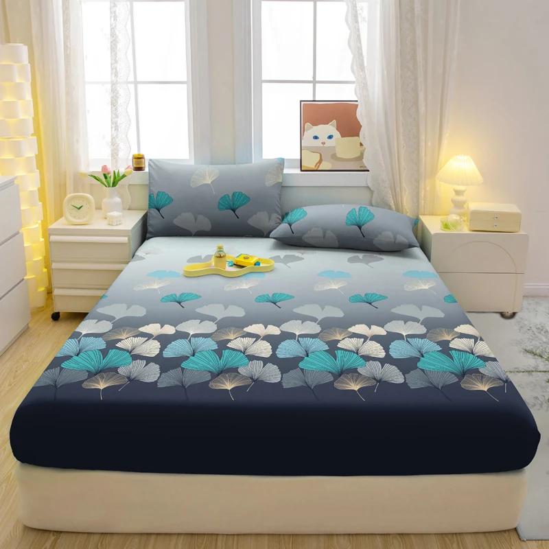 Simple 1 Modern Plant Flower Printed Matte Fitted Sheet, Bedroom Printed Bed Cover, Bedding Excluding Pillowcases