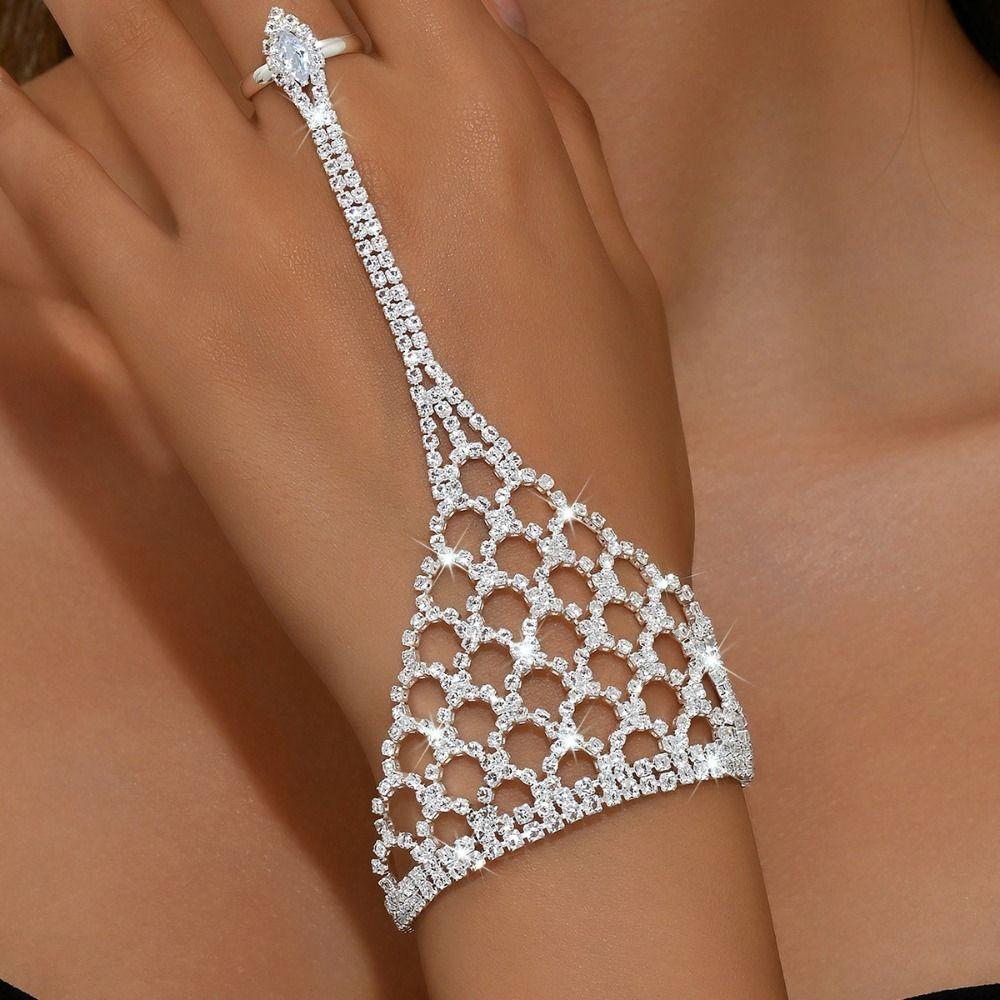Adjustable Golden Finger Bracelet Rhinestone Hollow Geometric Pendant Stage Performance