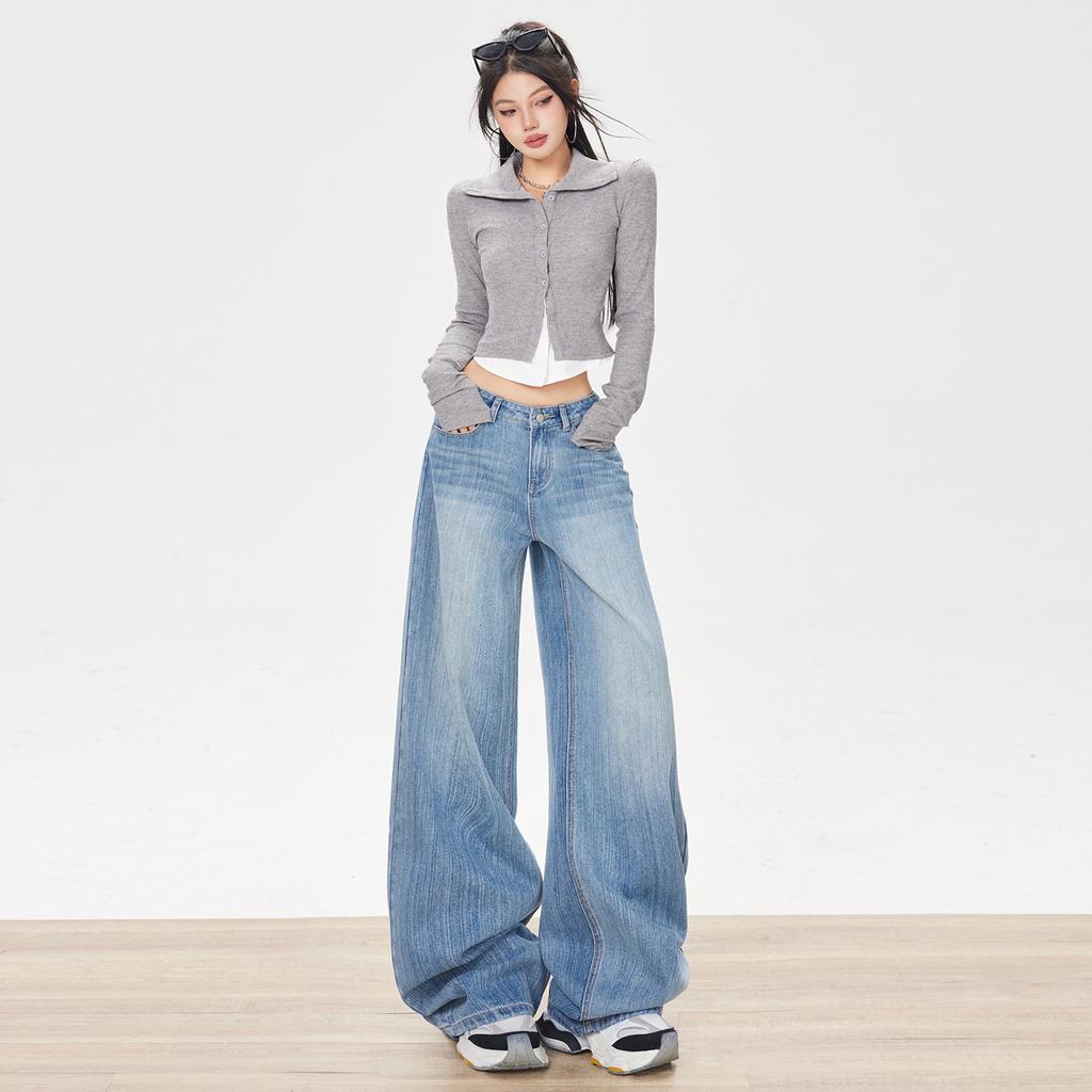 American Light Blue Wide-leg Jeans Women's Autumn New High-waisted Loose Bamboo Joint Pattern Straight Mopping Pants
