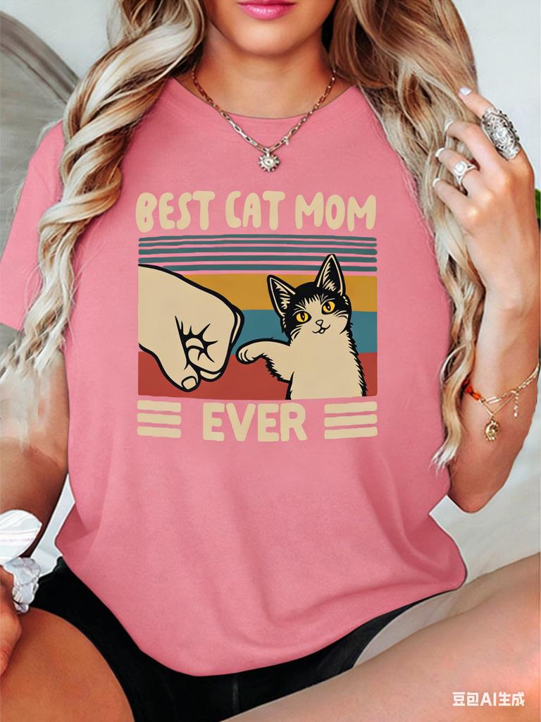Cartoon Playful Style Best Cat Mother Printed TShirt Womens SummerSpring Short Sleeve Round Neck Casual Top