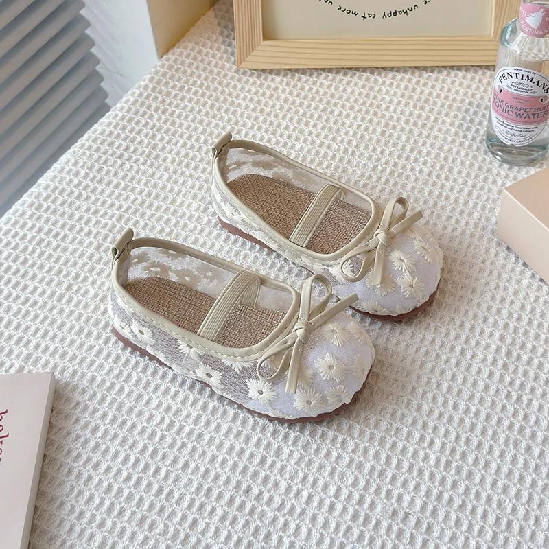 Floral Embroidery Lace Ballet Flats Sandal Baby Girls 2025 Summer New Breathable Mesh Ballerinas Kids Cute Non-slip Party Shoes