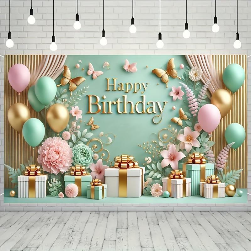 Elegant Birthday Party Background Board with Mint Green and Gold Floral Design, Decorated with Gift Box designL