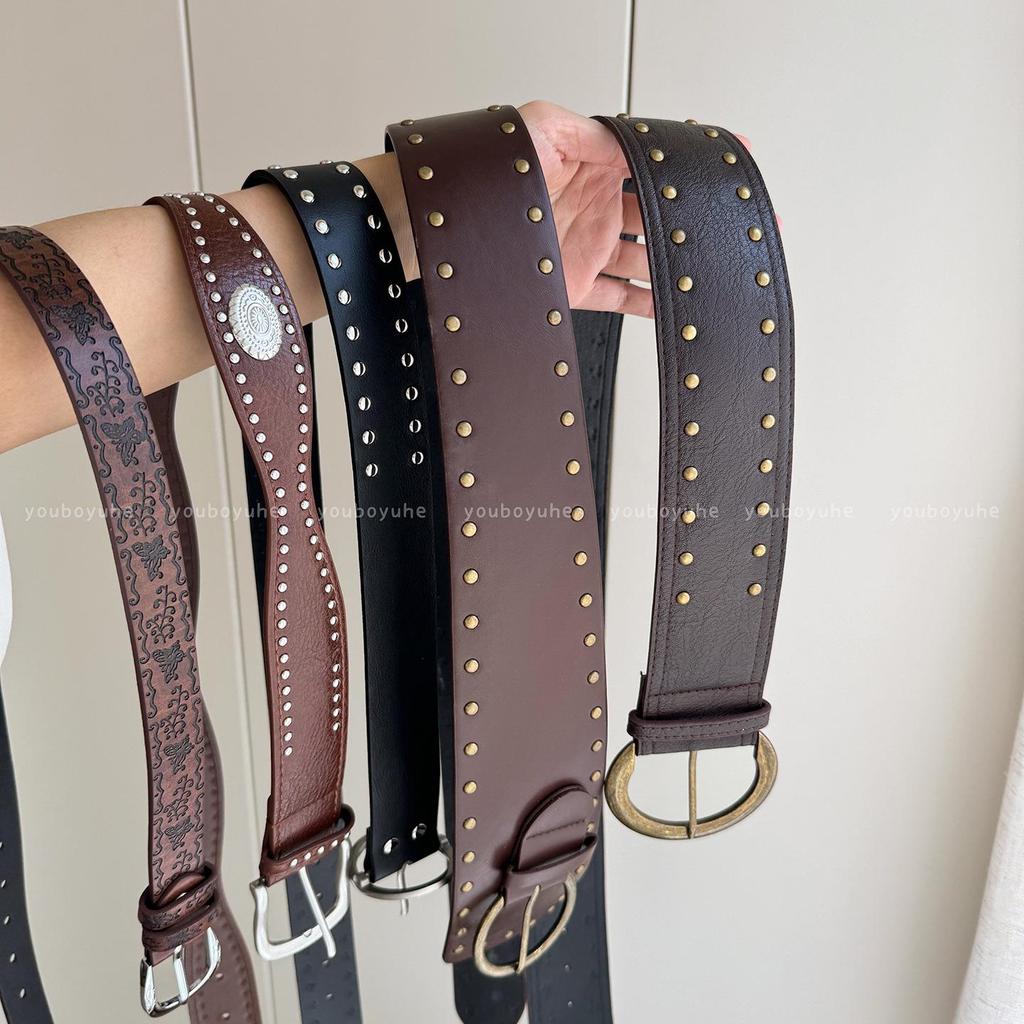 Brown Retro Punk Wide Waist Belt with Rivet Buckle - Women's High-End Dress Accessory
