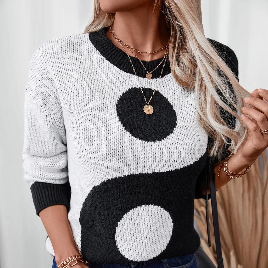 Herbst Winter Vintage Lose Langarm Top Print Strickjacke Strickwaren Oansatz Pullover