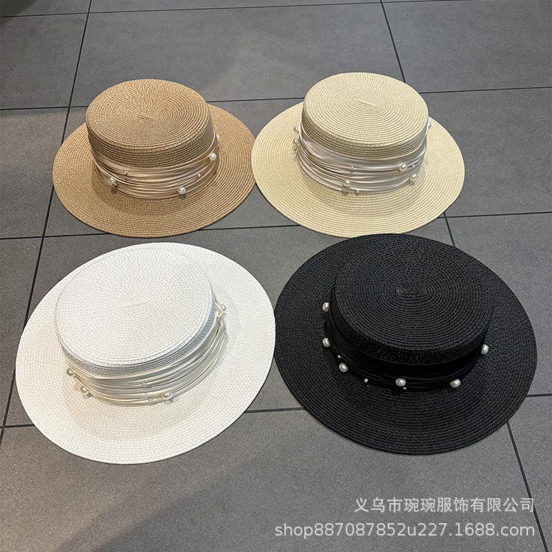 Sporadic pearls sweet small fresh flat top straw hat fashion top hat children spring and summer sun protection straw visor