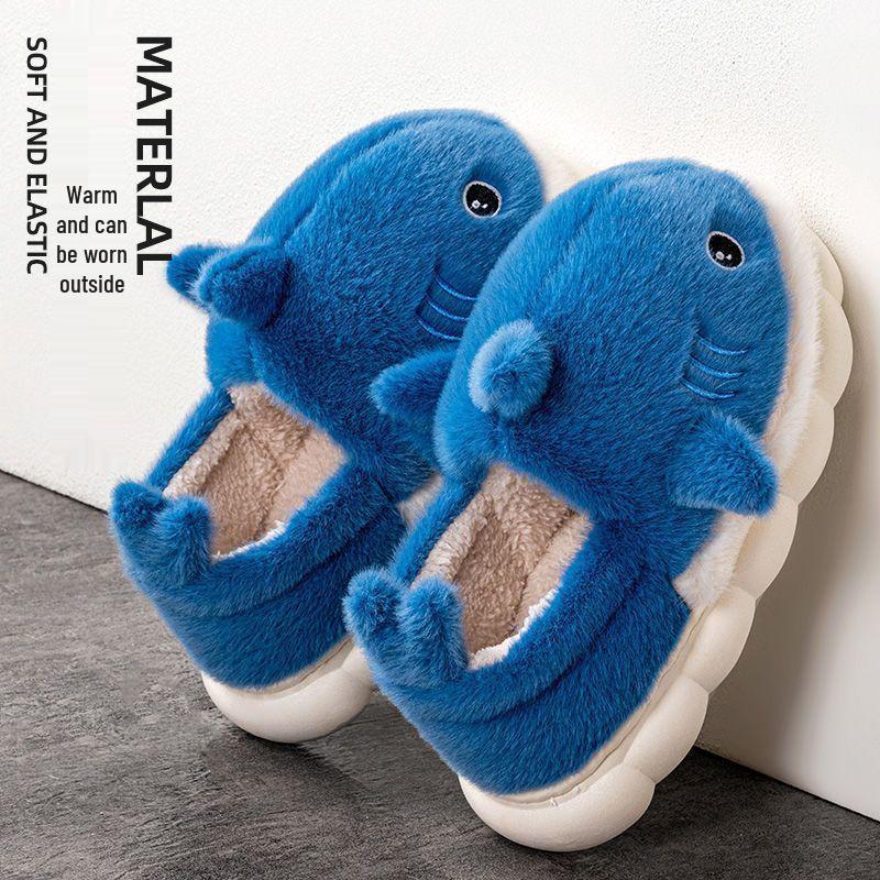 Men's and Women's Shark Cartoon Cotton Slippers: Non-slip, Plush, Thick-soled, Full Heel, Indoor/Outdoor Winter Warm Footwear