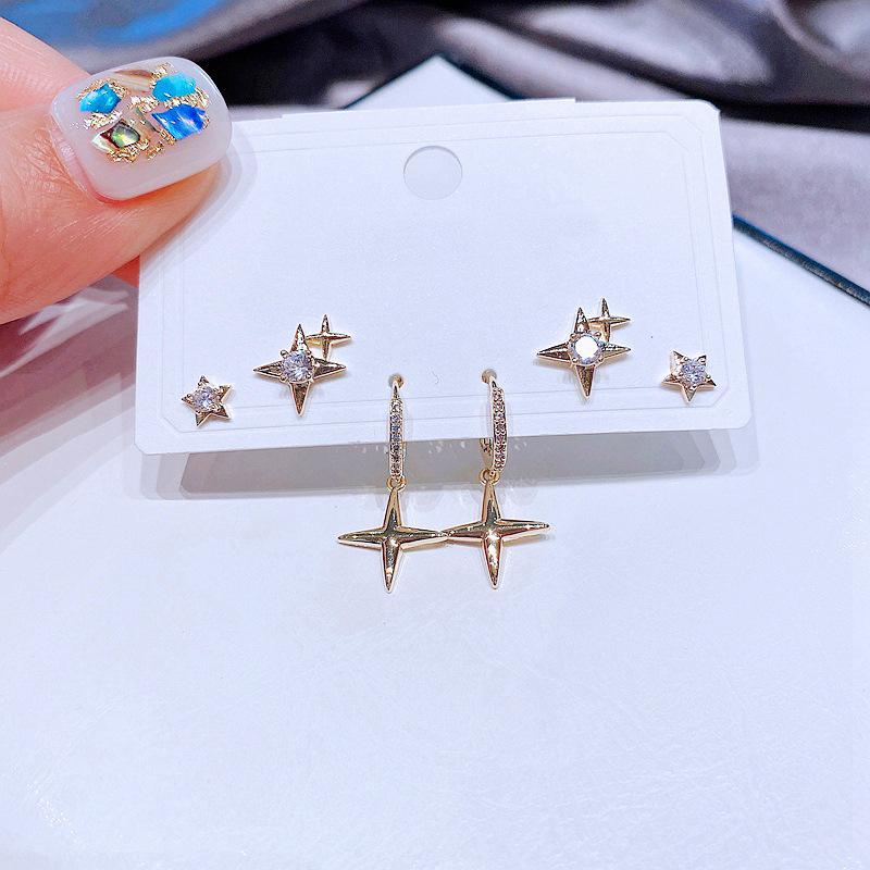 ANENJERY Zircon Shining Star Cross Hoop Earrings For Women Simple Temperament Ear studs 6-piece Earring Set