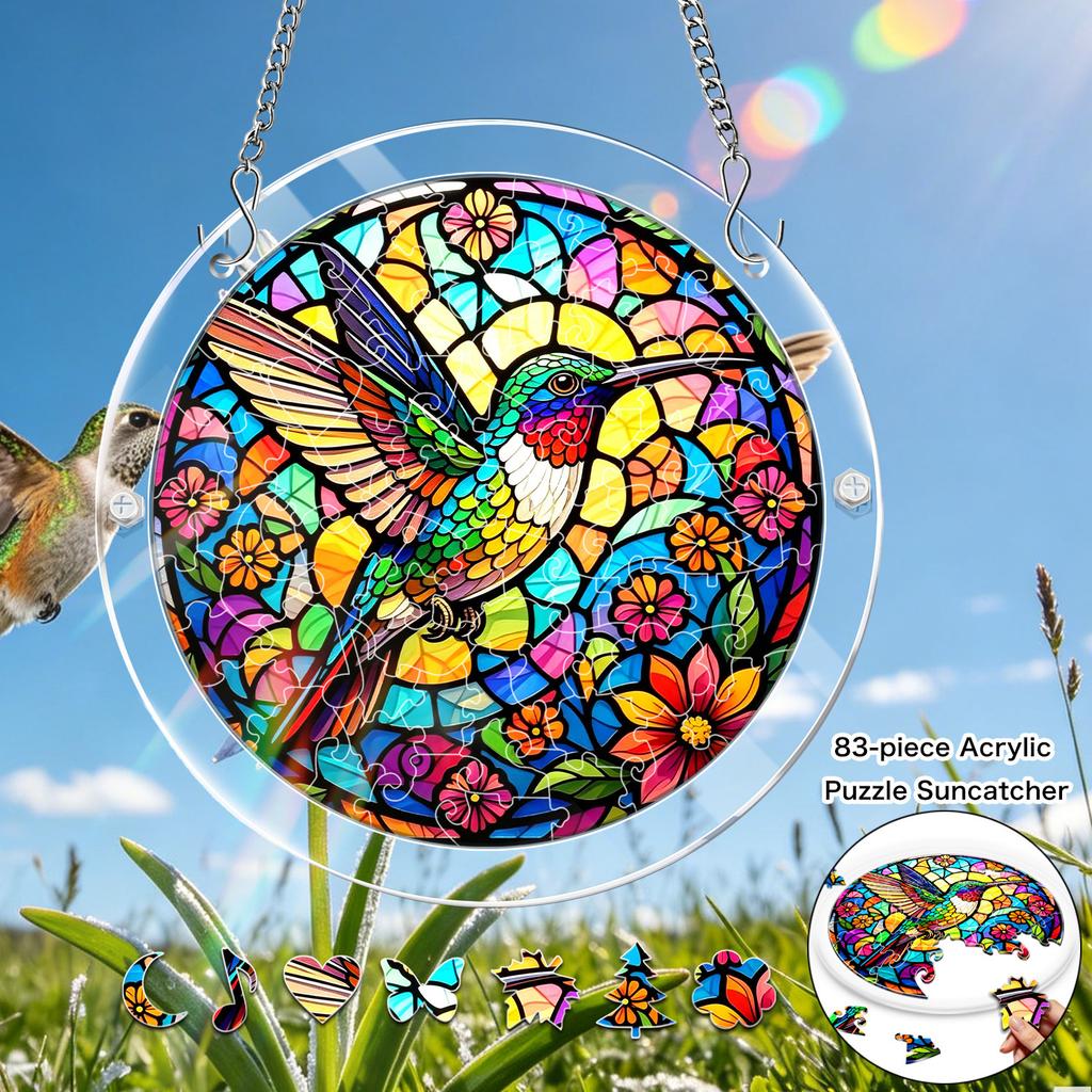 1 Set 83pcs Colorful Hummingbird Acrylic Puzzle Sun Catcher Set, 7.4-Inch Mandala Flower Window Hanging Puzzle Sun Catcher, Suitable for Gardens, Home