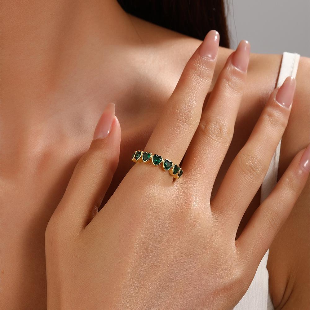 Geometric Copper Inlaid Colorful Heart Zircon Adjustable Women's Ring