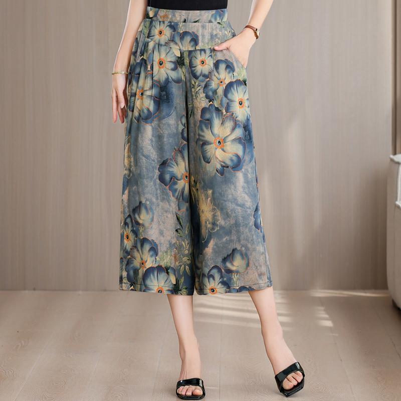 Plus Size Summer Women's Wide Leg Pants High Waist Loose Vintage Clothes Elastic Waist Casual Pants
