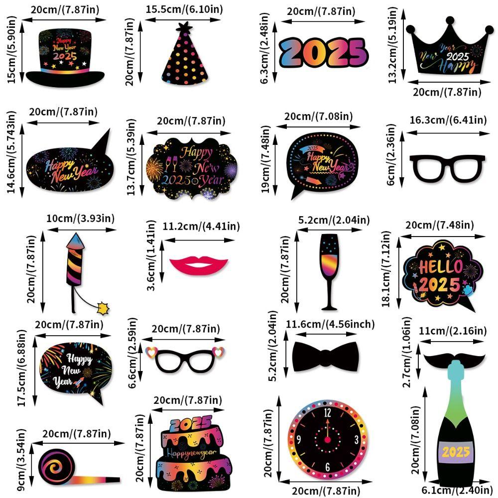 20pcs Colorful 2025 New Year Photo Booth Props Cartoon Happy New Year Decor  Birthday Party Supplies