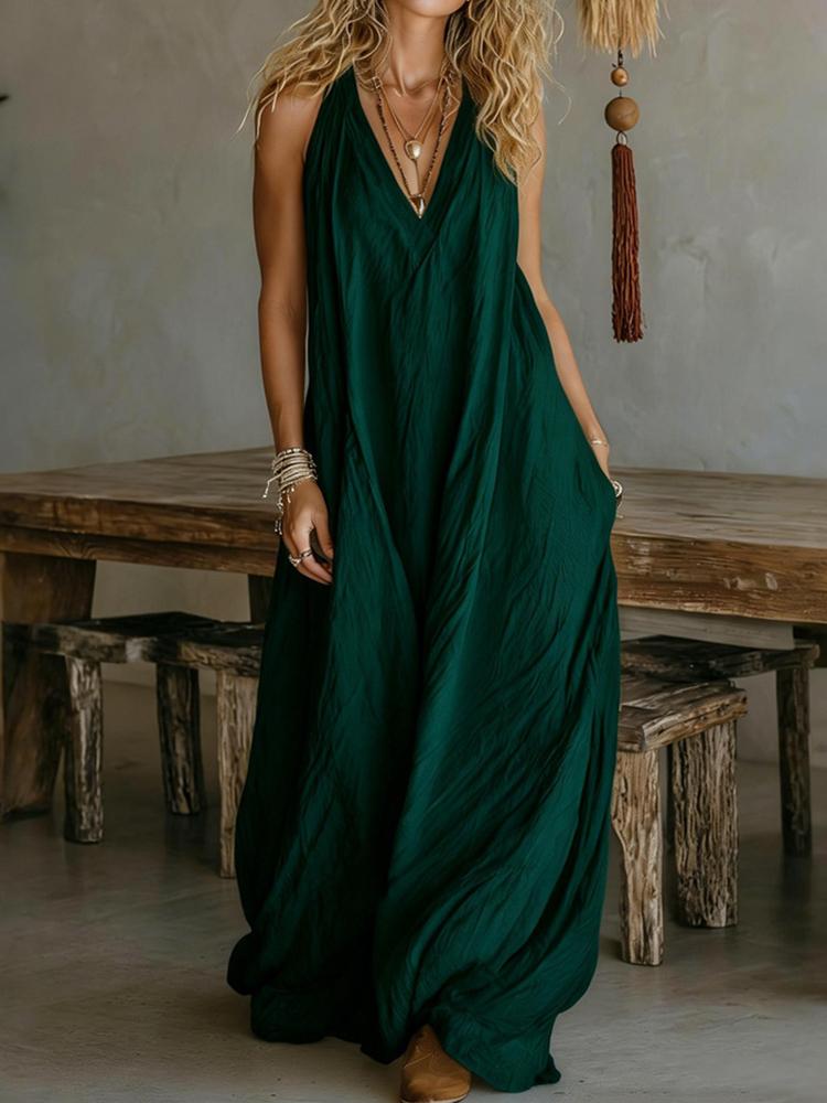 Damen Sommer Locker Ärmellos Schickes Maxikleid, Einfarbig Patchwork Elegantes Partykleid Lässig Einfach V-Ausschnitt Damenkleider