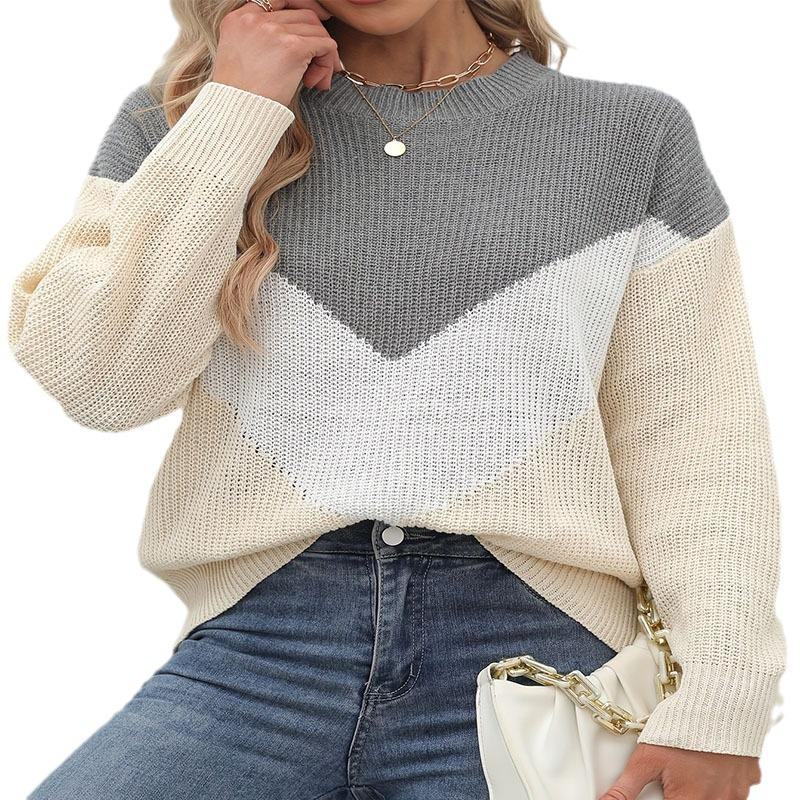 2024 Autumn/Winter Loose Round Neck Splicing Pullover Knitted Sweater
