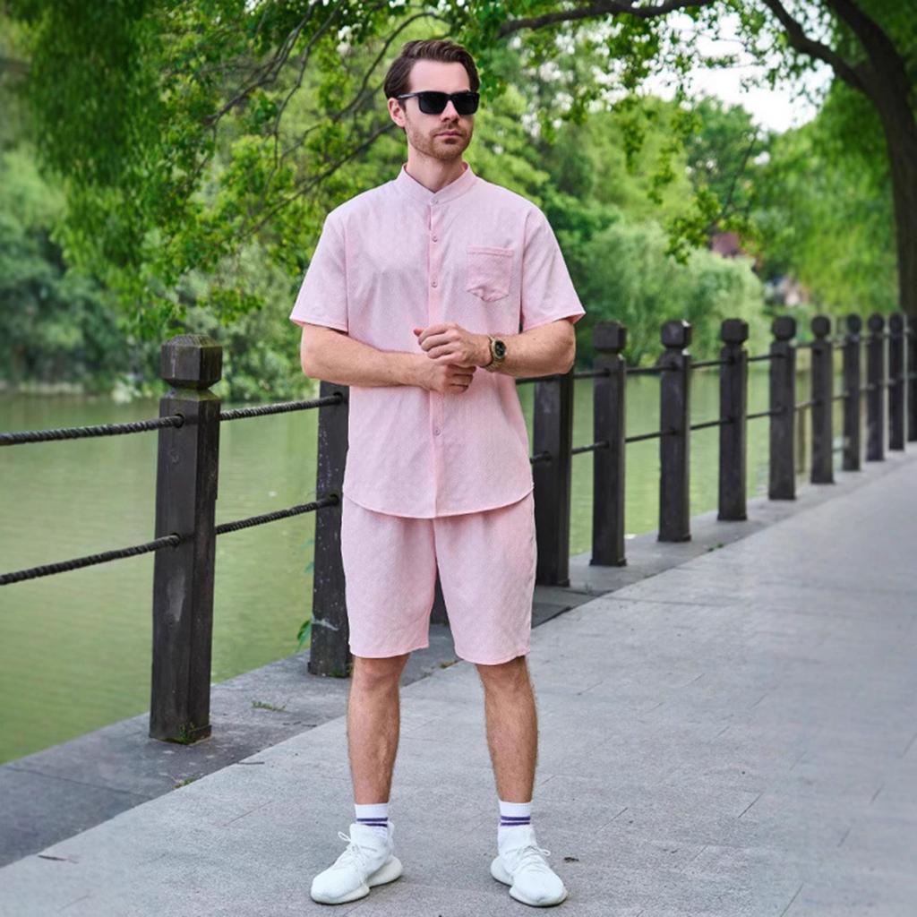 Stand-up Collar Button Short-sleeved T-shirt, Shirt And Shorts Set