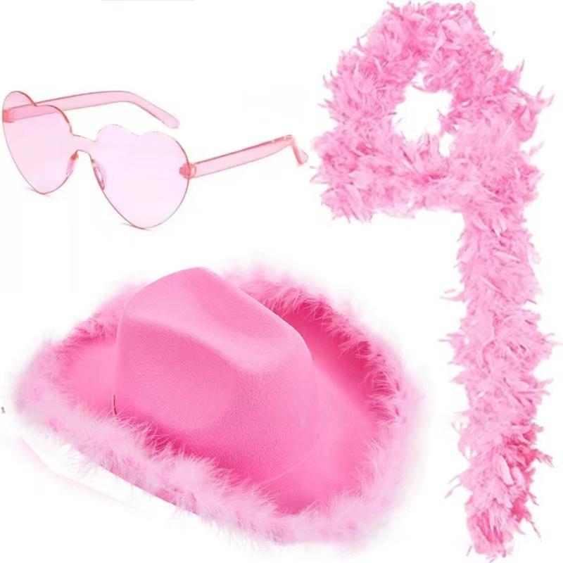 Pink Cowboy Hats with Heart Shaped Glasses Long Feather Boas Western Cowgirl Hat Halloween Costume Accessories for Women