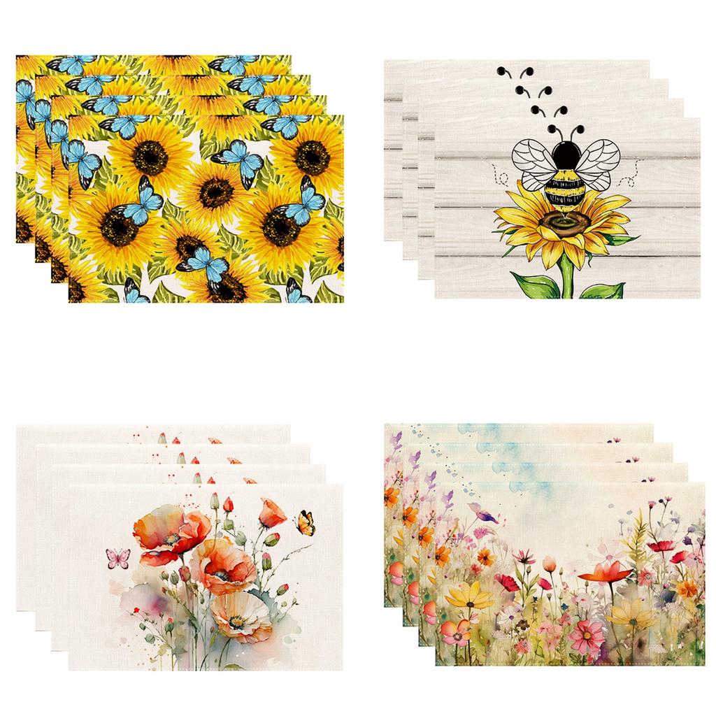 4pcs Spring Summer Placemats Spring Floral Watercolor Multicolor Placemats Decorative Linen Fabric Table Mat Dining Table Decor