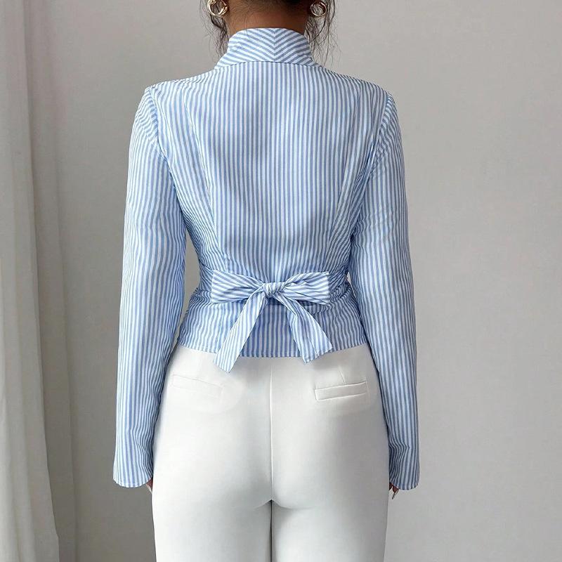 Women Striped Lapel Long Sleeve Shirt with Fake Two Pieces Detachable Neck Tie Wrap Slim Fit Casual Blouse