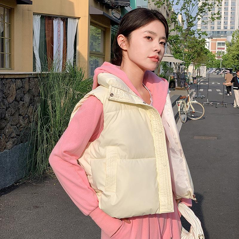Autumn Winter Solid Color Zip-up Stand Collar Short Down Cotton Vest Slim Fit Outer Wear Student Vest Jacket