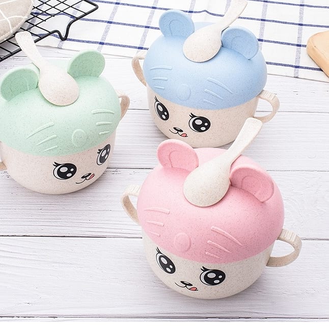 Lala KiDs Baby Straw Cup with Spoon 450ml Blue Bear Design Wheat Straw Eco-Friendly BPA-Free Durable Sterilizable