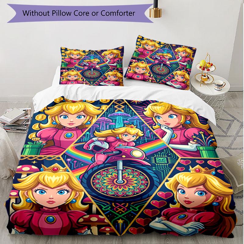 3pcs Duvet Cover Set (1*Duvet Cover + 2*Pillowcase, Without Core), Princess Peach Toadstool Print Soft All‑Season Bedding Set, Home Bedroom Decor Gift