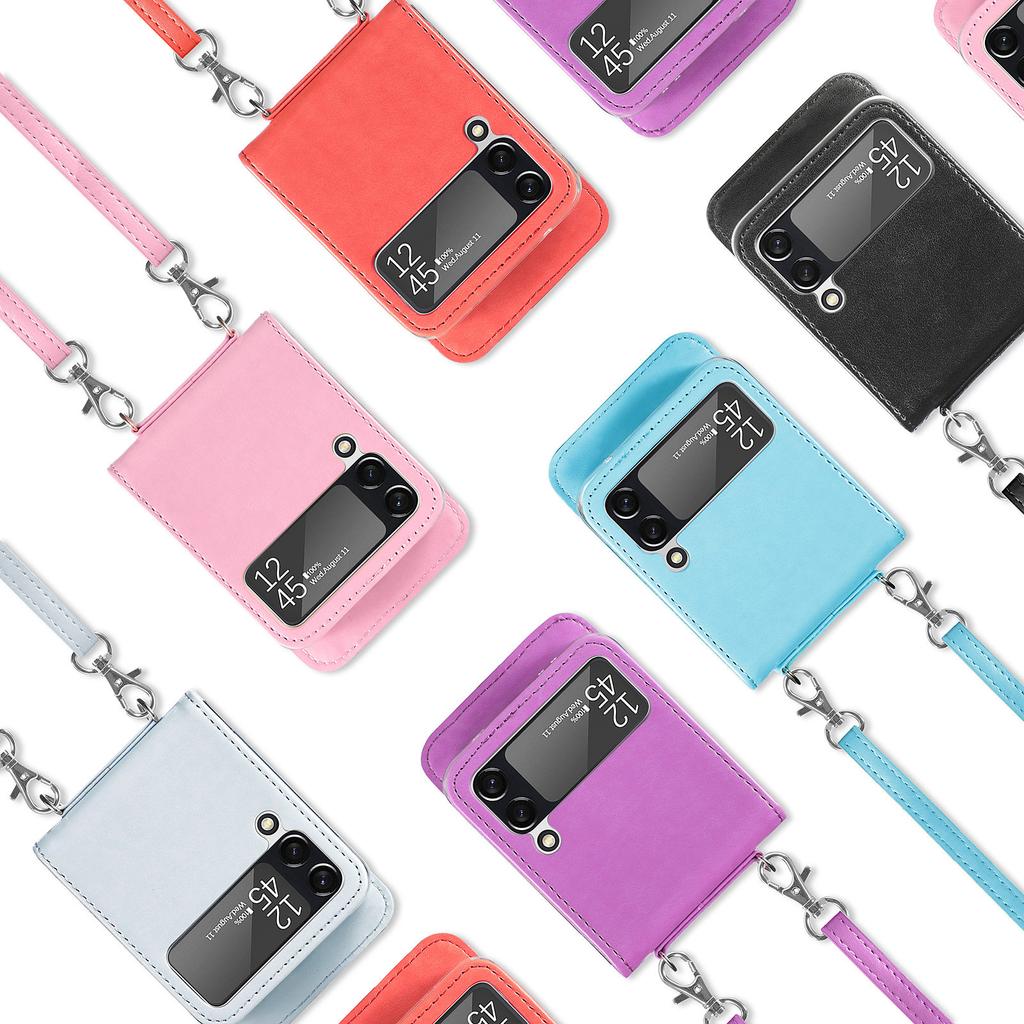 Card Pocket Phone Strap Wallet Case For Samsung Galaxy Z Flip 4 5g Flip4 Flip3 Flip 3 Zflip4 Leather Protective Cover