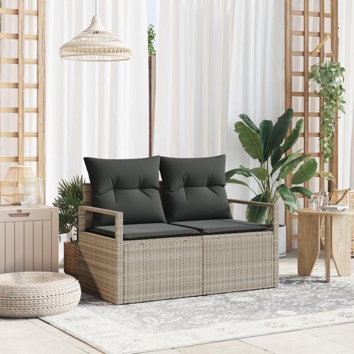 Canapé de jardin 2 places vidaXL avec rangement et coussins en poly rattan gris 42006767