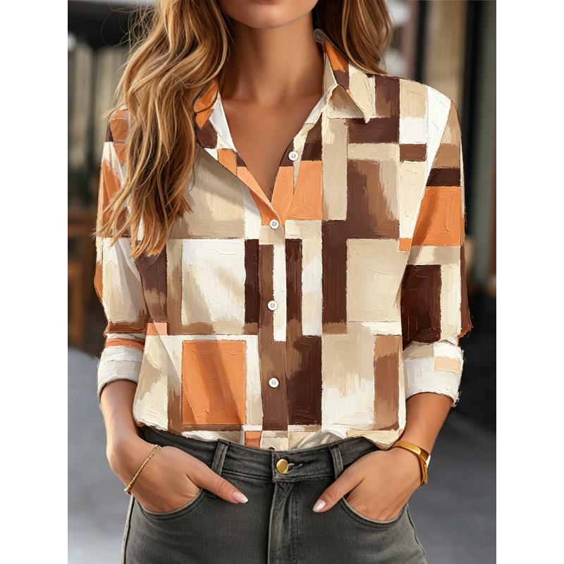 Women's Lapel Long Sleeve Geometric Print Button-Up Shirt, Stylish Casual Regular Tops for Spring Summer Daily Office Wear