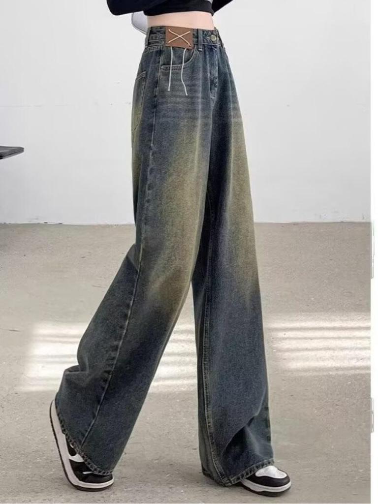 Jeans Retro Blu a Gamba Larga per Donne a Forma di Pera - Primavera/Autunno, Lunghezza Maxi, Vestibilità Larga