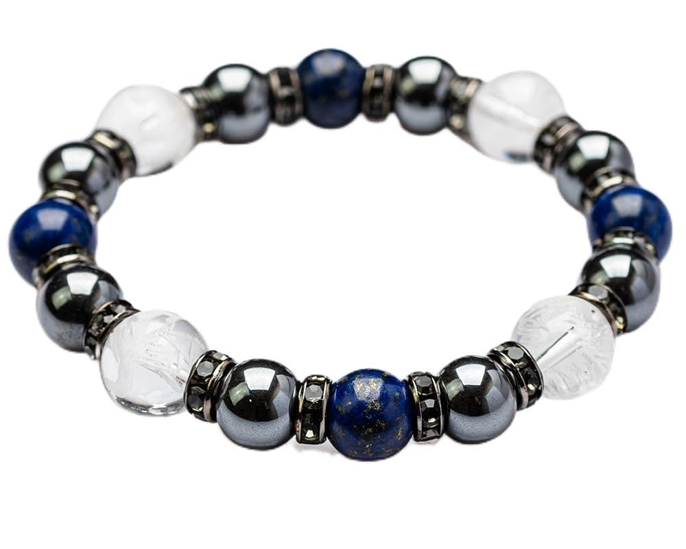 

Kyojudo Natural Stone Bracelet with Hematite and Four Blue White Vermilion and Black Tortoise Lazuli Gods, Birthstones Dragon, Tiger, Bird, (Lapis