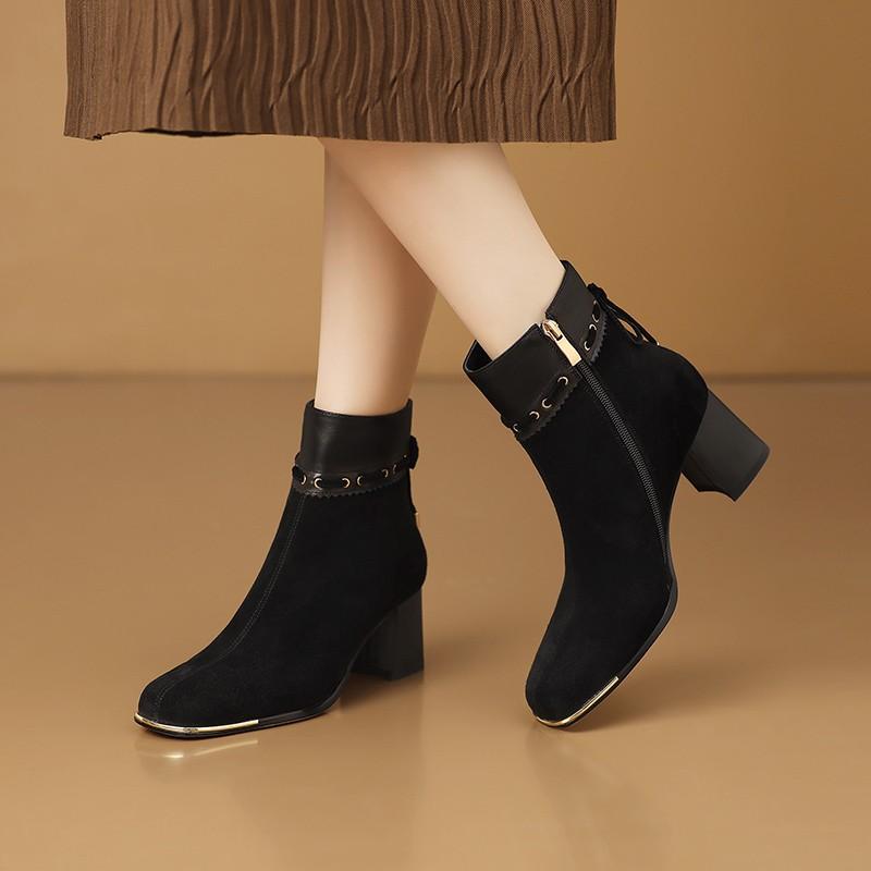 Metal Collision Avoidance Square Toe Fashion Booties Fall New Suede Side Zip Non-Slip Heels